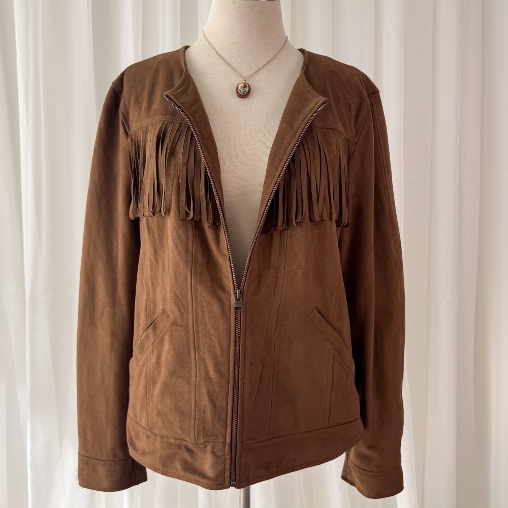 Brown‎ Suede Fringe Jacket Western Boho Cowgirl Statement Vintage Express Large